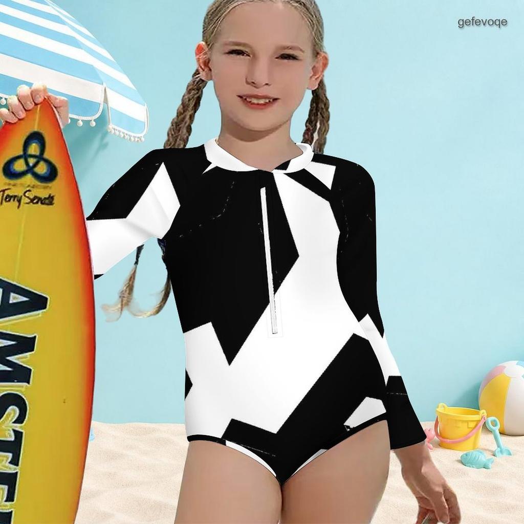 Girls High Neck Long Sleeve Front Zip One Piece Swimsuit Black White Geometric Printed