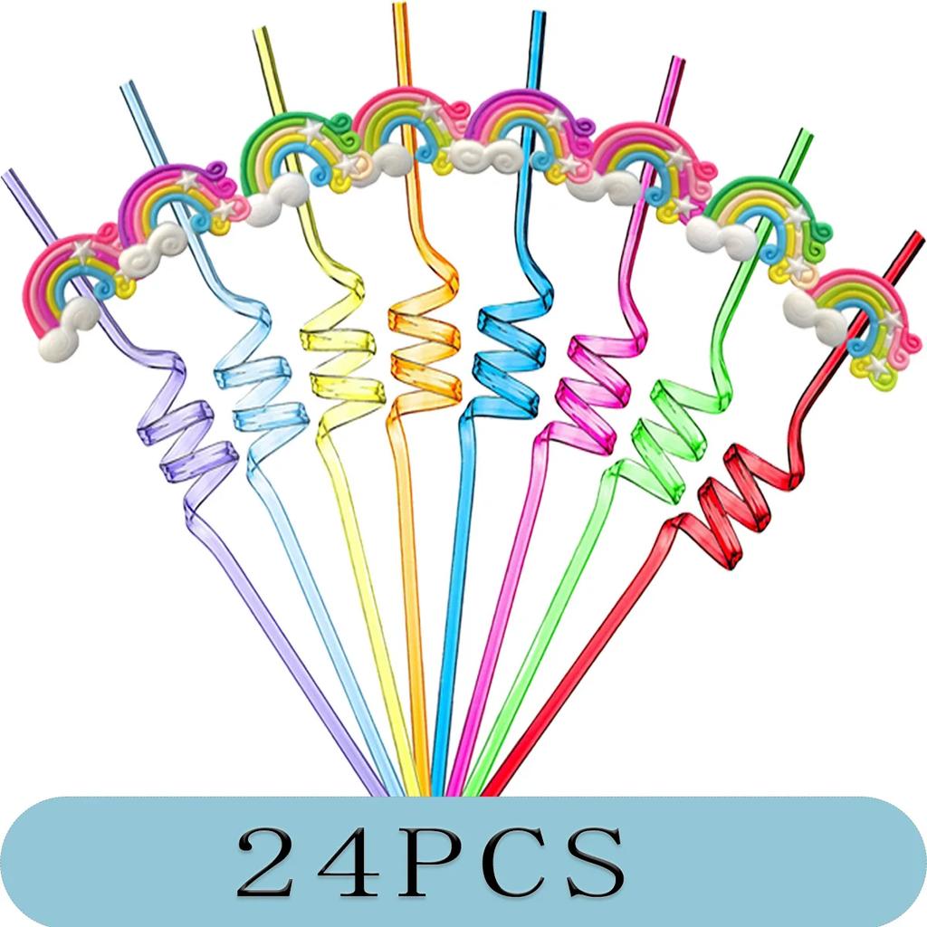 8-24PCS Curly Colored Reusable Children's Straws, Mermaid, Rainbow, Little Mary Straws For Princess Birthday Party Decorations