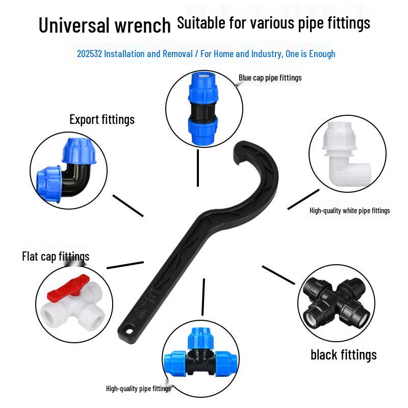 PE Quick Connect Pipe Fittings: Lock Nut Wrench, Tee, Straight, Elbow, Sizes 25-63