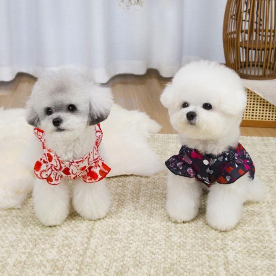 Hundekleid mit roter Schleife Herz-Aufdruck Flatterärmel Rüschensaum Haustier Kostüm Outfit Bekleidung für kleine Hunde Katzen