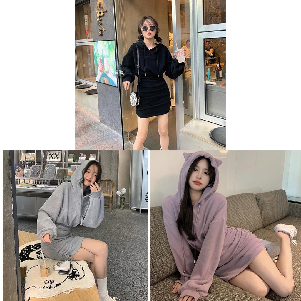 Korean Casual Hoodie Dress With Wrinkled Pencil Skirt Style For Autumn Women
