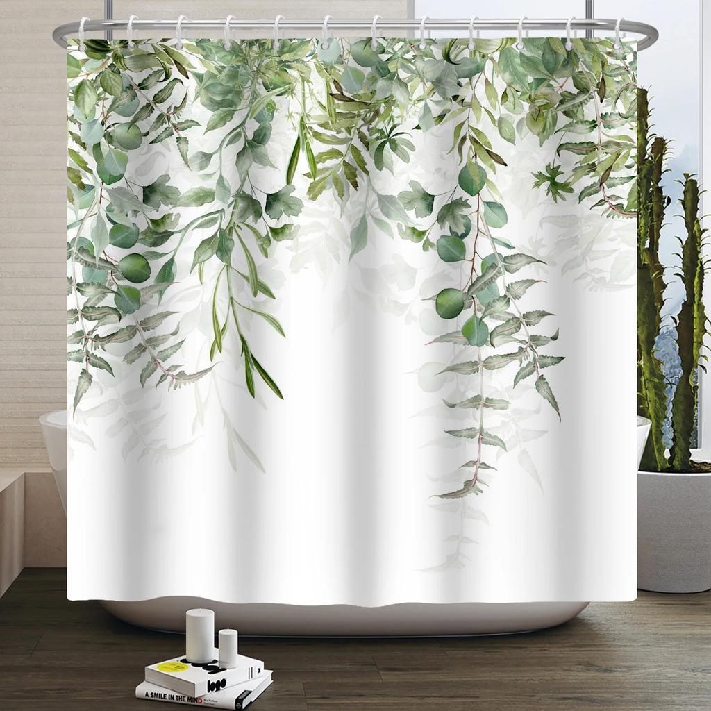 Watercolor Green Leaf Shower Curtain for Bathroom Vines Plant Nordic Minimalist Polyester Botanic Curtain for Home Hotel 180x2