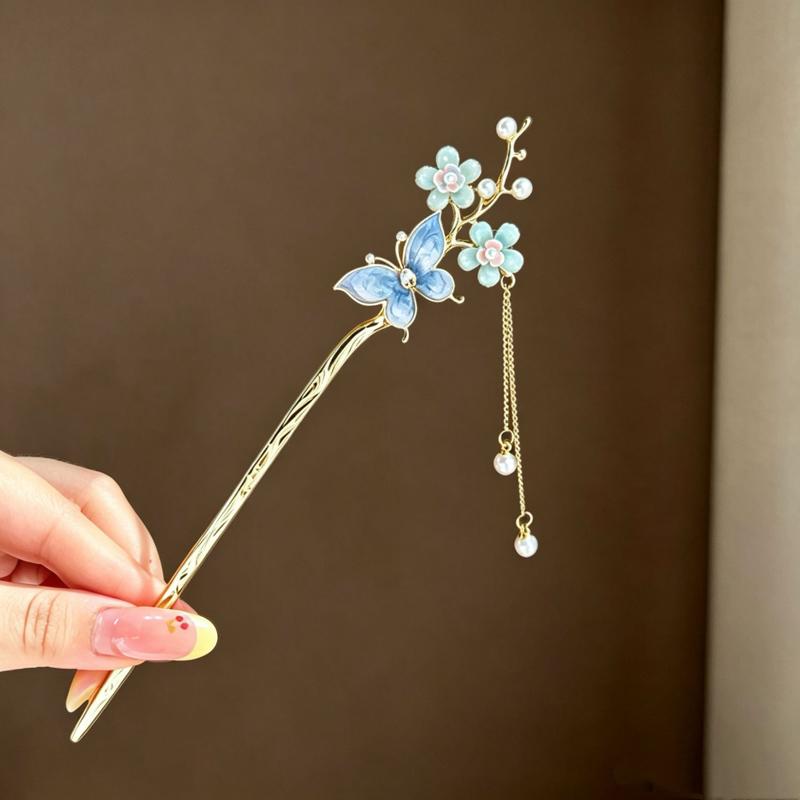 1Pc Vintage Romantic Metal Hair Stick Women Butterfly Flower Pearl Tassel Hair Pin Exquisite Elegant Daily Wear Hair Accessories