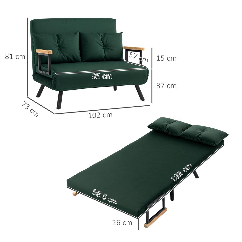 4-in-1 Velvet-Feel Double Sofa Bed, with Pillows - Green
