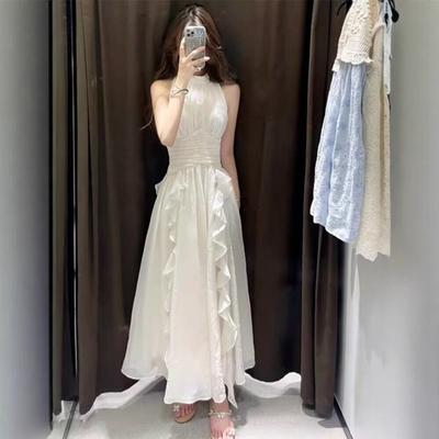 French Ruffle Edge Sleeveless Neck White Dress Summer High-end Temperament Seaside Vacation Fairy Long Dress