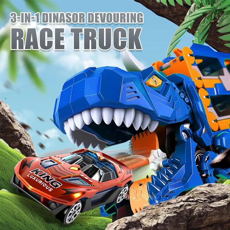 Dinosaur Transport Racing game Toy Set With 12 Molded Racing Cars, Transforming Dinosaur Car With Handle, Gift For Kids Aged 3-5