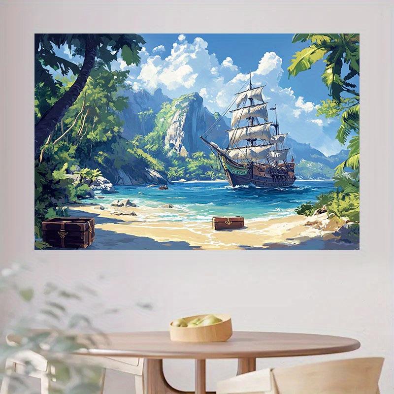 2D Flat Pirate Ship Adventure Polyester Background Fabric - Beach Scenes and Sailboats Suitable for Party Backgrounds