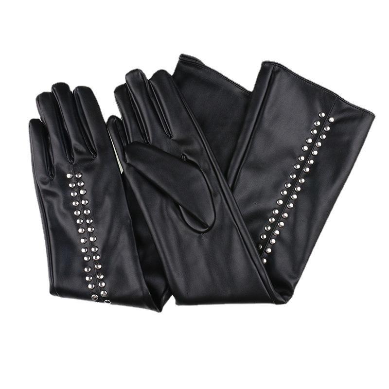New Women's Leather Gloves Spring and Autumn Personalized Style Rivet Punk Black Sexy Extended Leather Gloves
