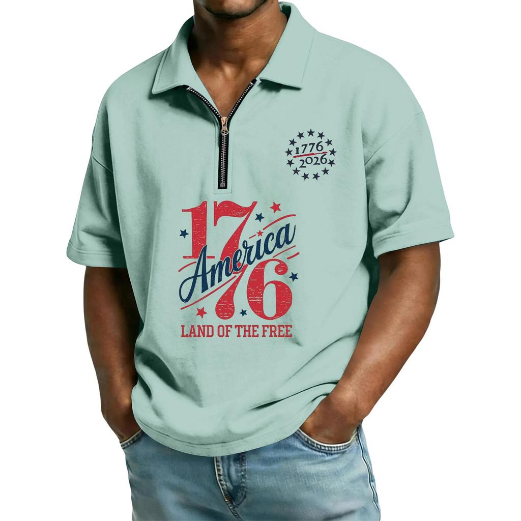 Men's Casual Loose Fit Polo Shirt Short Sleeve Zipper Front Independent Day Printed Design Comfortable Lightweight Top