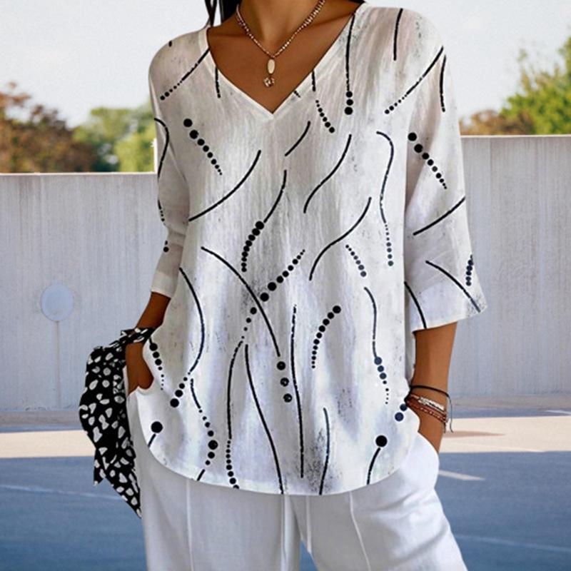 Auf Lager: Europäisches & Amerikanisches Abstraktes Druck V-Ausschnitt Halbarm Damen-Top