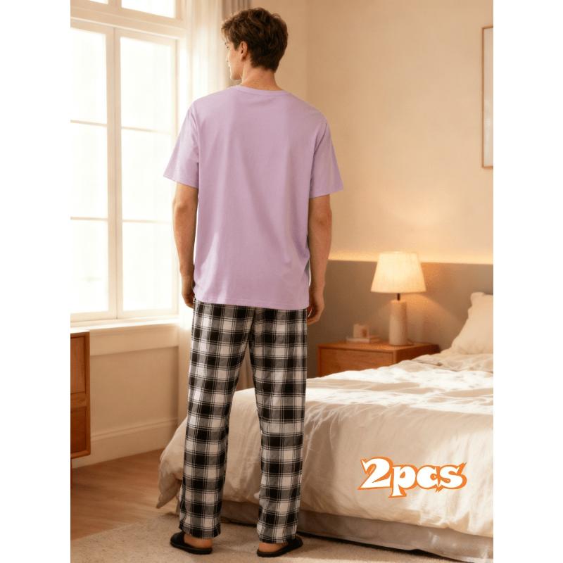 2026 New Year Family Coordinating Leisure Set, Breathable Short Sleeve Tops & Trendy Plaid Long Pants