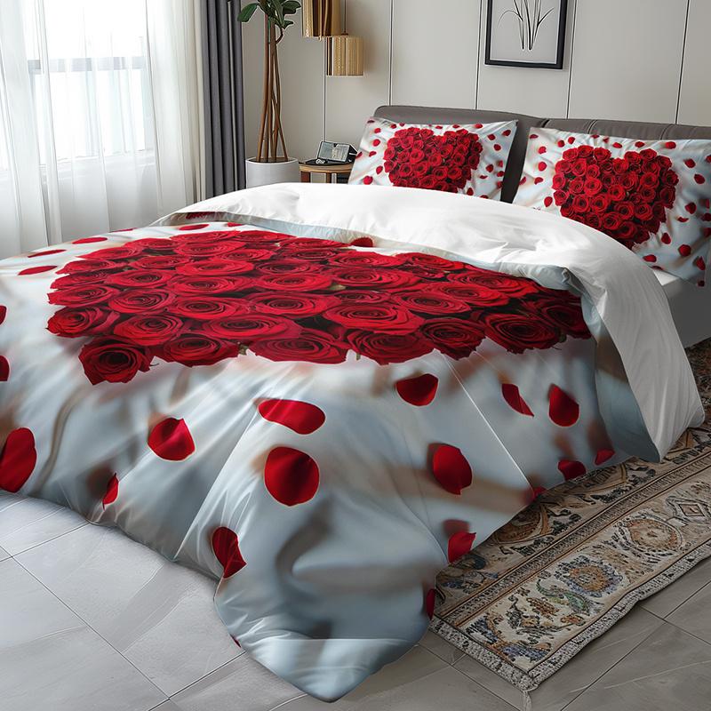 3Pcs Romantic Red Roses Heart Bedding Duvet Cover Set Valentine'S Day Bedding Quilt Set Floral Themed Bed Quilt Set Love