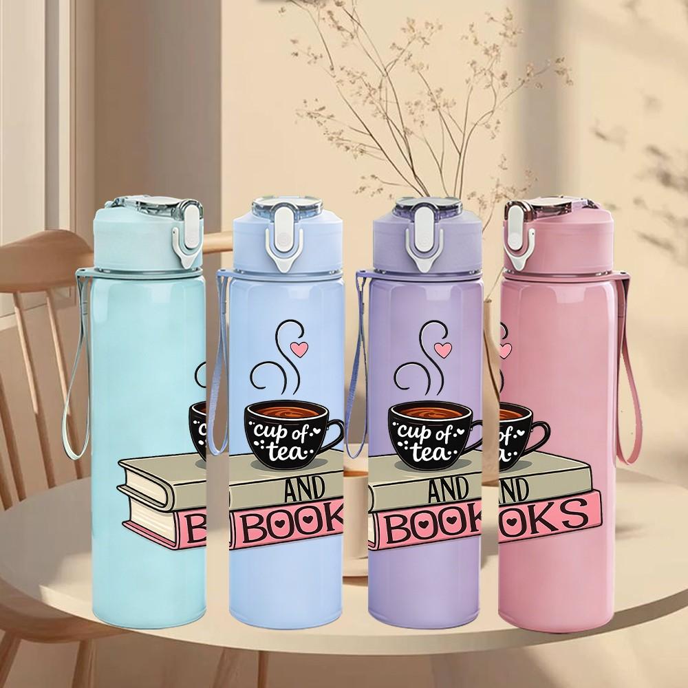 1PC Coffee Cup Stack Book Art Print 750ml Color Plastic Sports Water Bottle Leakproof Flip Straw Lid Suitable for Sports Office Home Use