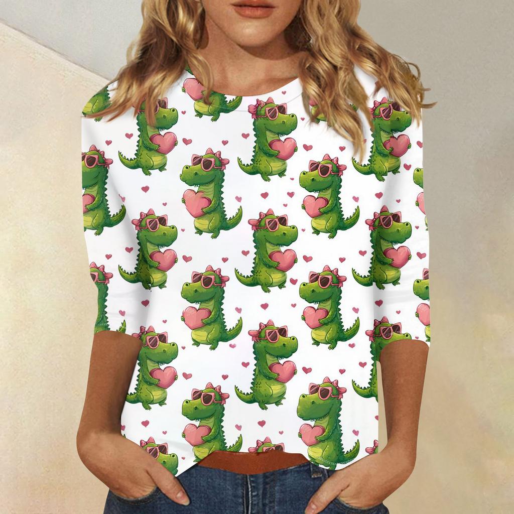 Damen Modisches Lässiges Dreiviertelarm Herzförmig Bedrucktes Rundhals-Top