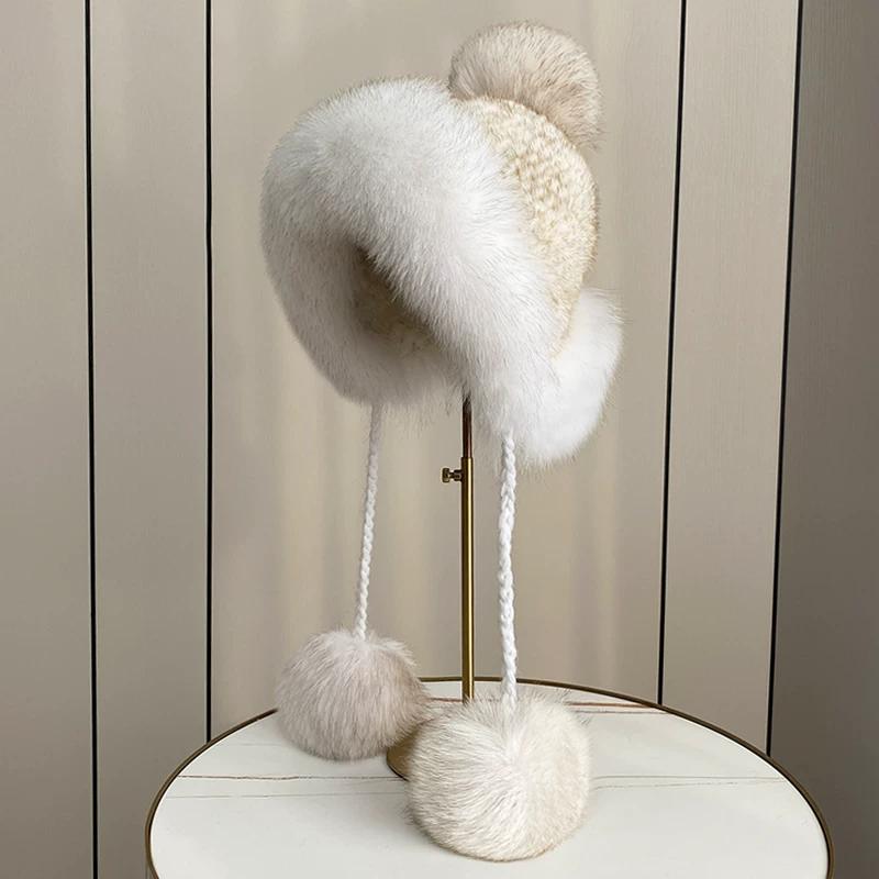 New Winter Warm Mink Hair Woven Fox Hair Ear Protection Fur Hat Female Cute Real Hair Ball Snow Hat