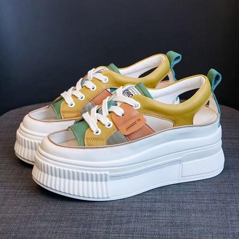 Summer New Leather Hollow Out Casual Sports Sandals Women Thick Sole Non Slip Breathable Lace Up Open Toe Casual Board Shoes