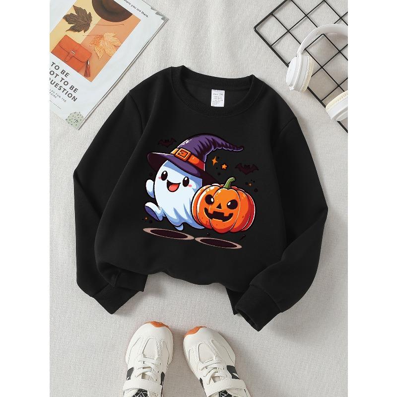 Girls' Halloween Long-Sleeve Sweatshirt, Round-Neck Fun Print Casual Top, Kids' Autumn Clothing, Suitable for Trick-Or-Treat Parties And Halloween