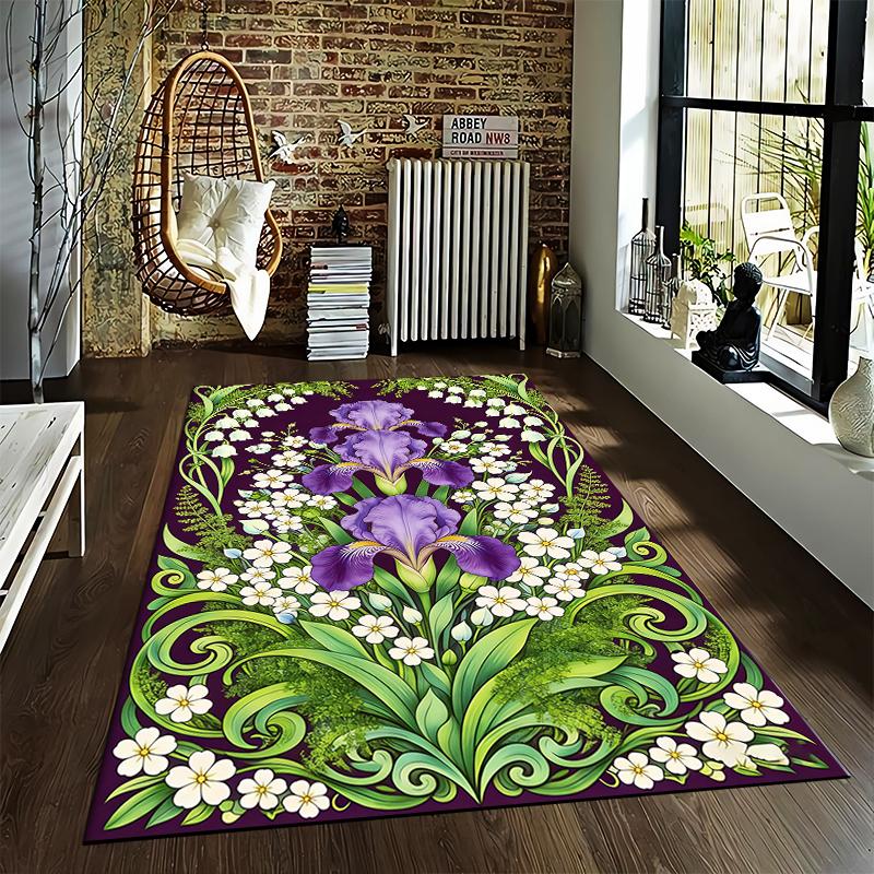 Floral Pattern Carpet with Purple Irises and Green Leaves Decor Suitable for use as an anti-slip for living room bedroom sofas