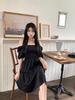 Plus Size French Bubble Sleeve Square Neck Summer Dress - Slimming Hepburn Style Little Black Dress