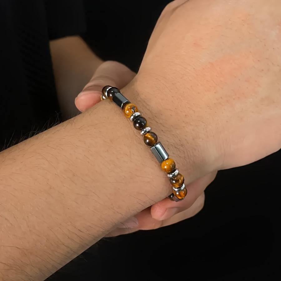 Bohemian Style Men's Stainless Steel Bracelet with Natural Tiger Eye Stone Beads - Fashionable Geometric Design Accessory