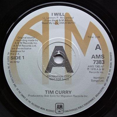 7inch Record TIM CURRY - I Will AMS7383PROMO A&M Records 1978 UK Pop Used