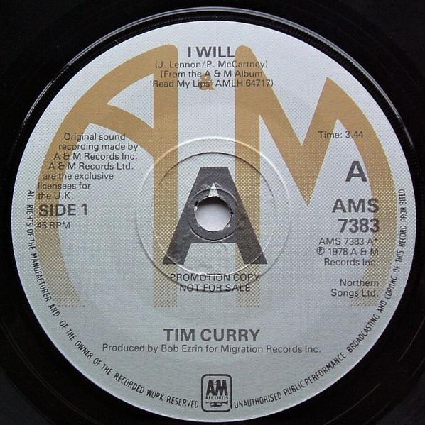 

7inch Record TIM CURRY - I Will AMS7383PROMO A&M Records 1978 UK Pop Used