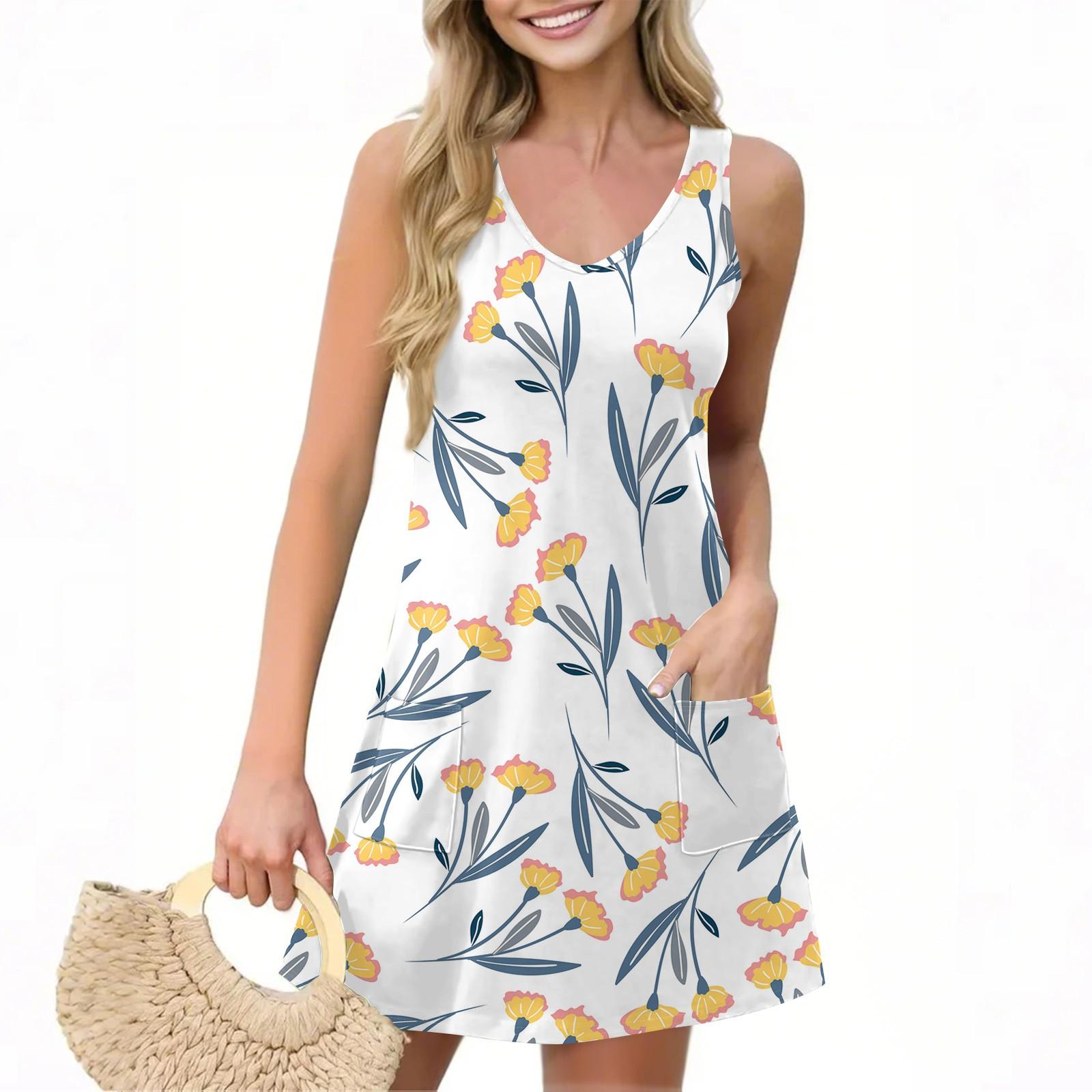 

Женское повседневное летнее платье-жилет с карманами, цветочным принтом, V-образным вырезом, без рукавов L армия зеленый