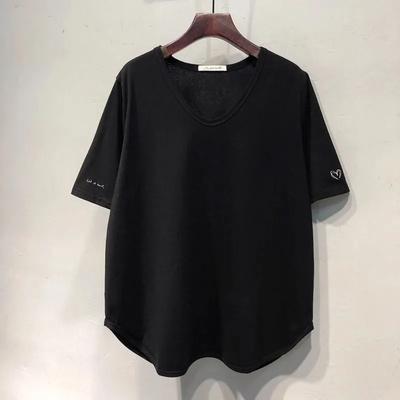 Damen Schwarzes Oversized Kurzarm-T-Shirt Seiten-Herz-Detail Abgerundeter Saum Lässiges Lockeres Oberteil