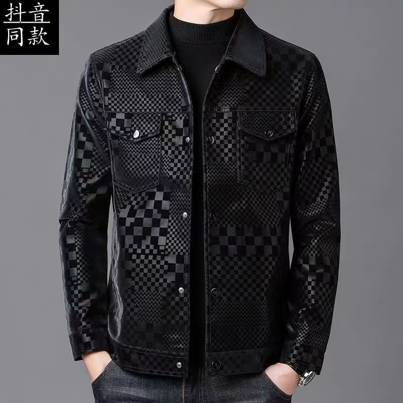 Men's trendy men's jacket spring and autumn lapel fashion leather jacket men's casual jacket plaid trendy top Korea