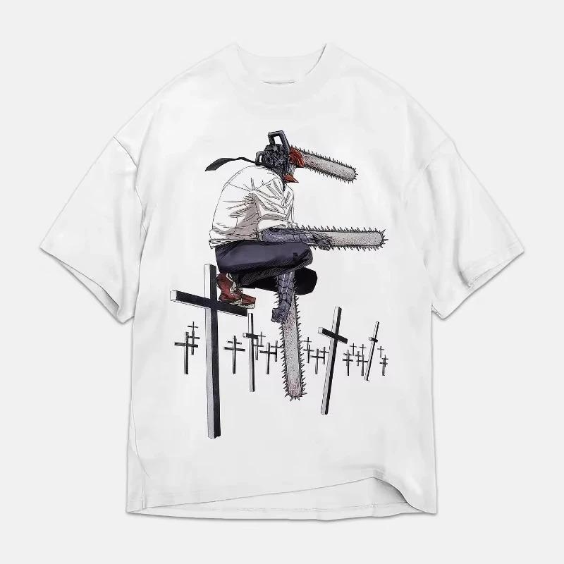 

Chainsaw Man Denji Graveyard Crosses Print Oversized Anime Streetwear Women And Men T-Shirt XXXL