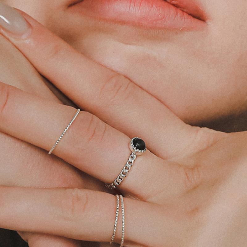 J.Lauren Silver Onyx Circle Black Chain Ring R0624