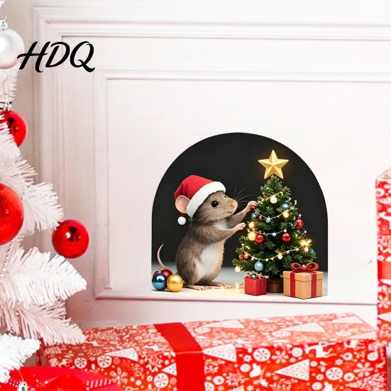 Seasonal Wall Decoration for Home Christmas Mouse Sticker PVC Waterproof Hole Decal Peel Winter Art And Stick Decor Holiday Party Festive