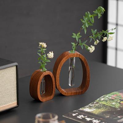 Glass Test Tube Vase with Solid Wood Frame Hydroponic Plants Planter Home