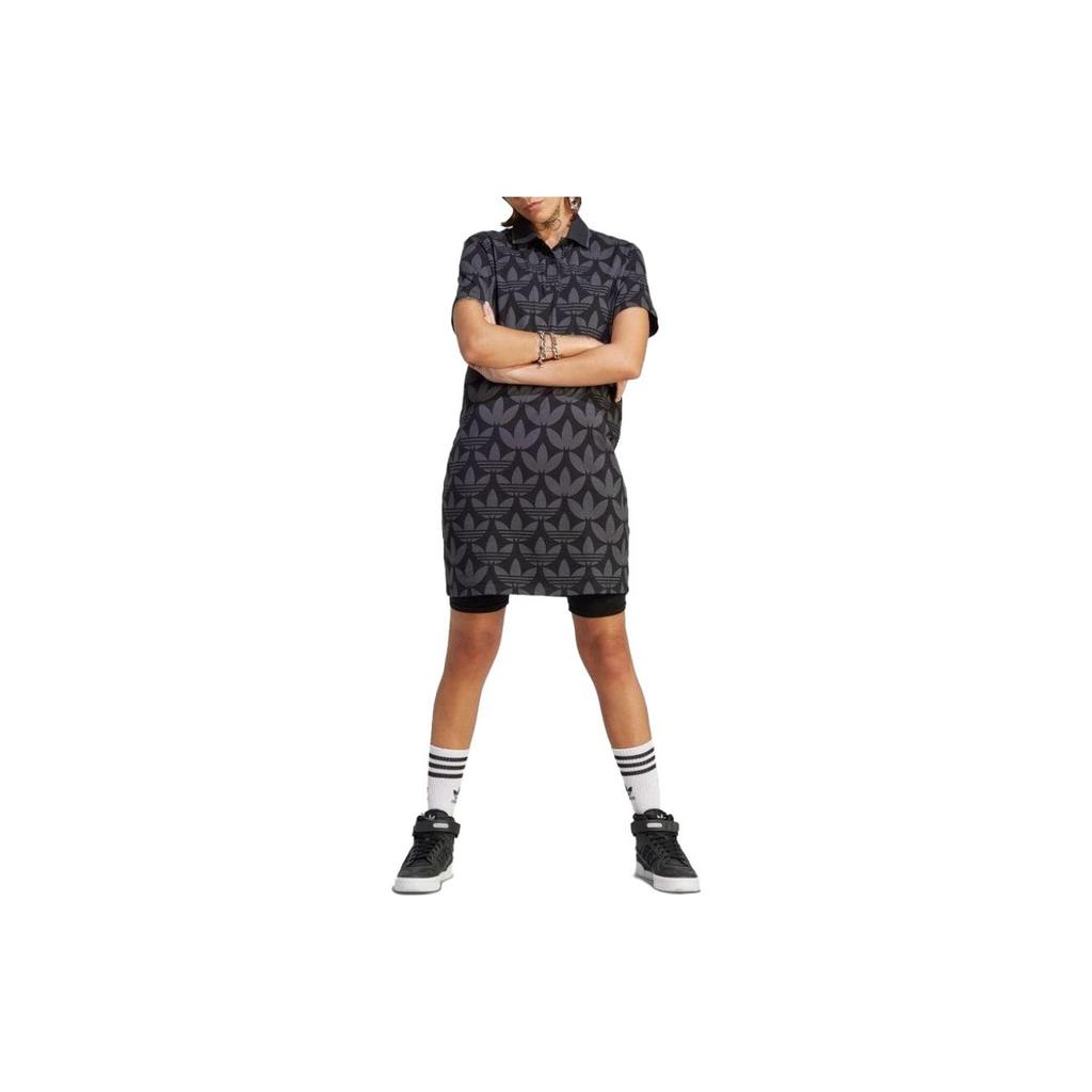 Adidas Originals Logo Print Casual Mid-Length Polo Dress Women Dresses Black II3183