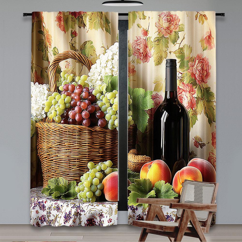 2Pcs Farmhouse Kitchen Curtains Vintage Grapes Fruits Oil Painting Rustic Flower Wine Art Printed Retro Country Living Room