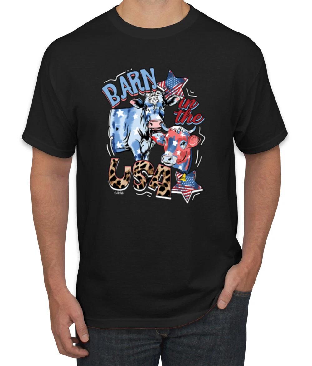 Barn In The USA Red White and Blue Cows Men T- Shirt L