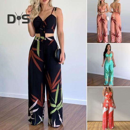 2 Pcs/Set Women Vacation Outfit V Neck Backless Sleeveless Camisole High Waist Wide Leg Printed Pants Set Beach Crop Top Trousers Set Resort Wear