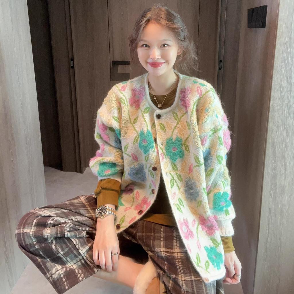 Dimanaf 2025 Květinové svetry Kardigan Podzim Ženy Potisk O-výstřih Svetry Pletení Volný Růžový svetr