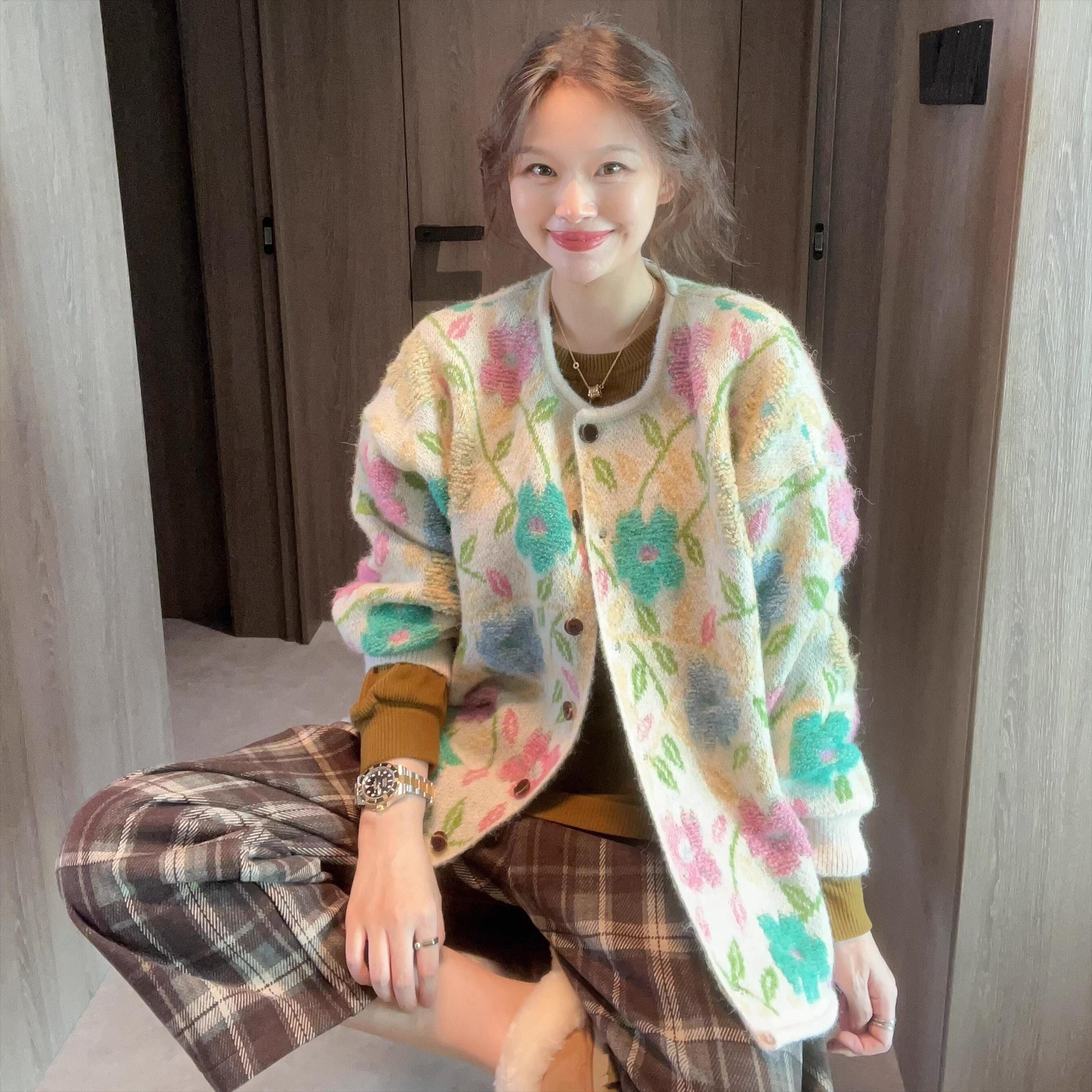 

DIMANAF 2025 Flower Sweaters Cardigan Autumn Women Print O-Neck Sweaters Knitting Loose Pink Sweater One Size