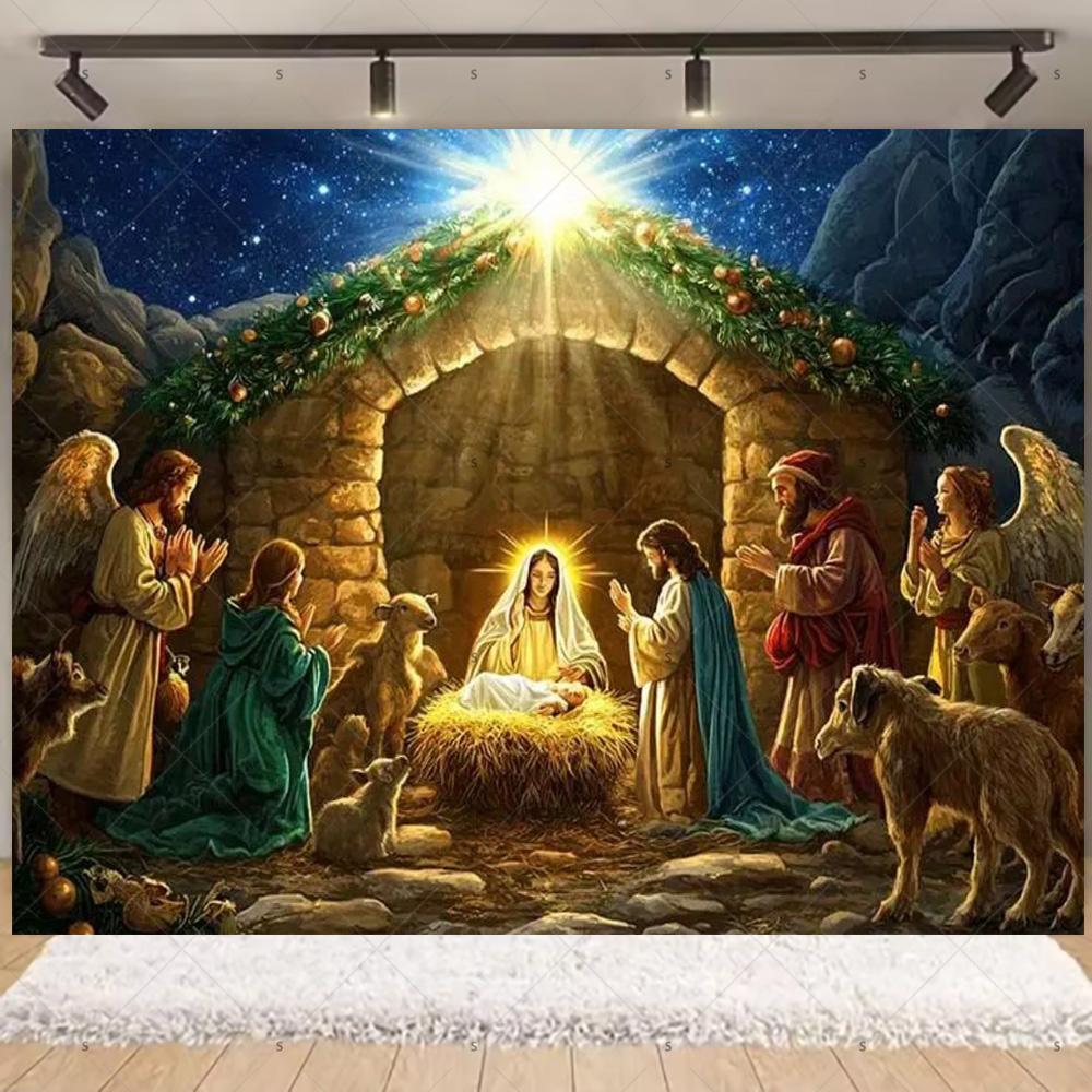 Nativity Scene Background Banner Starry Night Traditional Christmas Religious Jesus Backdrop Supplies Christmas Party Decoration