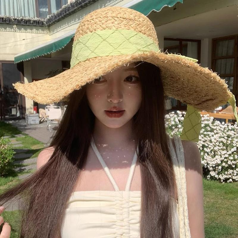 Summer French Breasted Raffia Straw Hat Women's Big Hat Brim Sun Protection Hat Beach Beach Bow Knit Hat