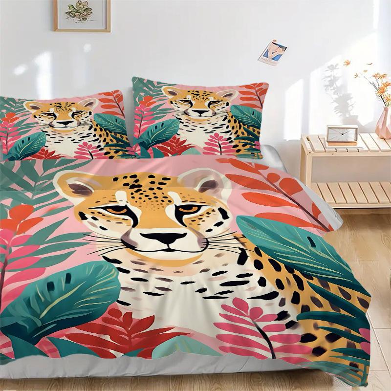 

3PCs Cheetah Print Design Cover Set, Breathable Fabric, Machine Washable (1 Duvet Cover + 2 Pillowcases) (Without Quilt) yy250911163 135x200cm