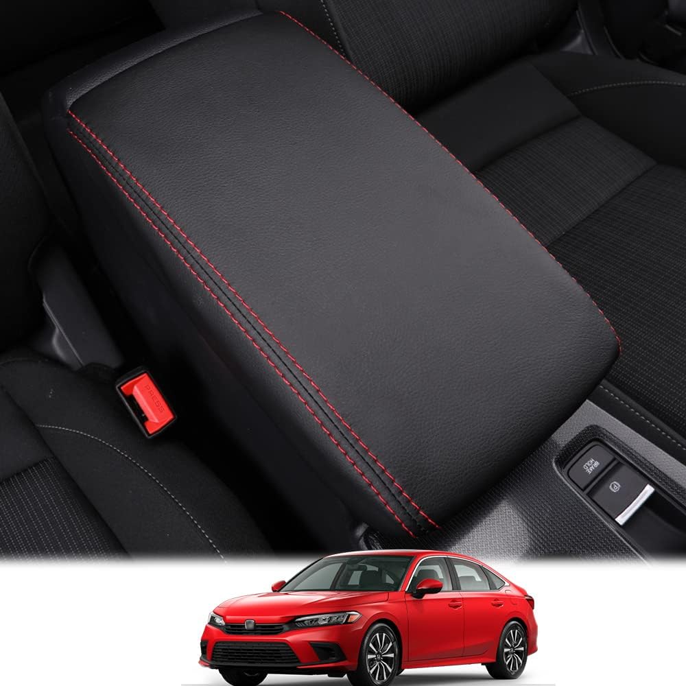 Rifoda for 11th Gen Civic Center Console Armrest Cover Suitable for Honda Civic Sedan Hatchback LX EX EX-L Sport Touring 2022 Scratch Resistance Black Leather Red Stitchs