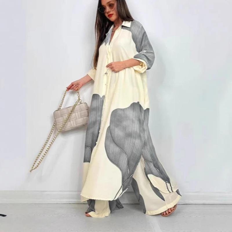 Set Elegante Primavera Estate Moda Stampata Camicia Lunga Pantaloni a Gamba Larga Completo Casual Lento Oversize Set Donna
