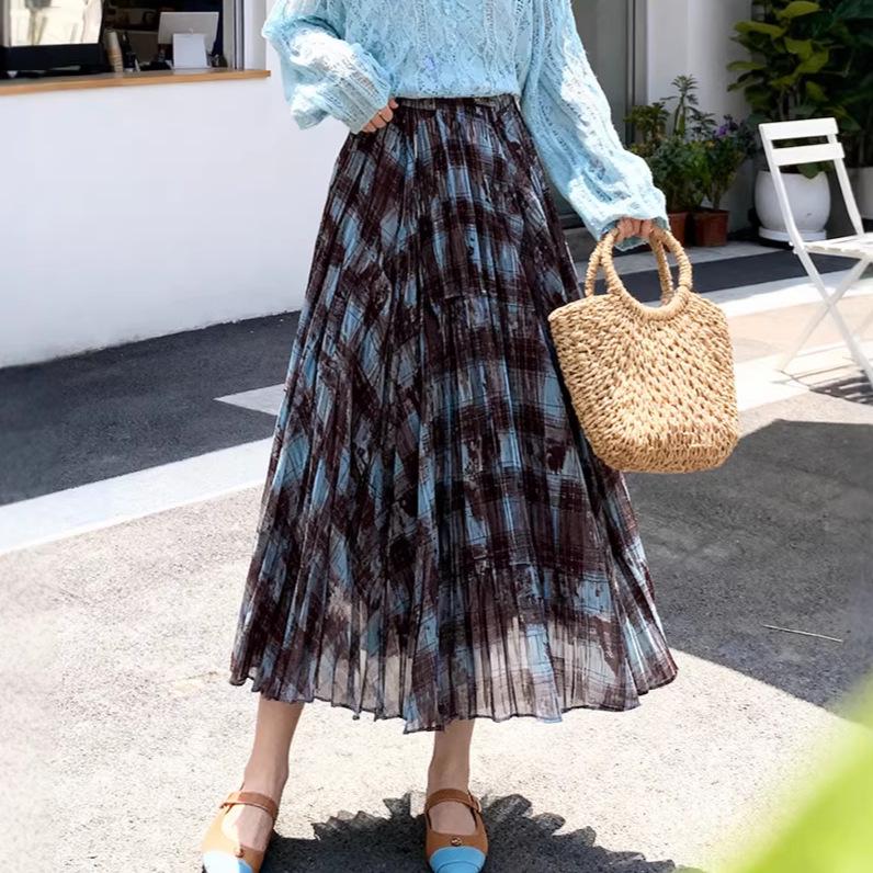 Fei Yuan Women's Lightweight Plaid Color Block Wide-Hem Skirt - Early Spring Fashion