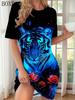 Summer Women's Dresses Casual Short Sleeve Round Neck Tiger Pattern Printed Loose Dress
