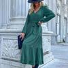 Chiffon Elegant Women Dress High Waist A-Line Long Sleeve V-Neck Knee Length Solid Autumn Winter
