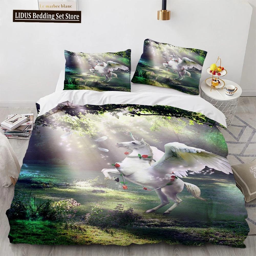Unicorn Beding Set 3D Print White Horse Soft Duvet Cover Set Pink Background King Quen Ful Twin Sized Dimensions For Children Kids Ten Warm Comforter