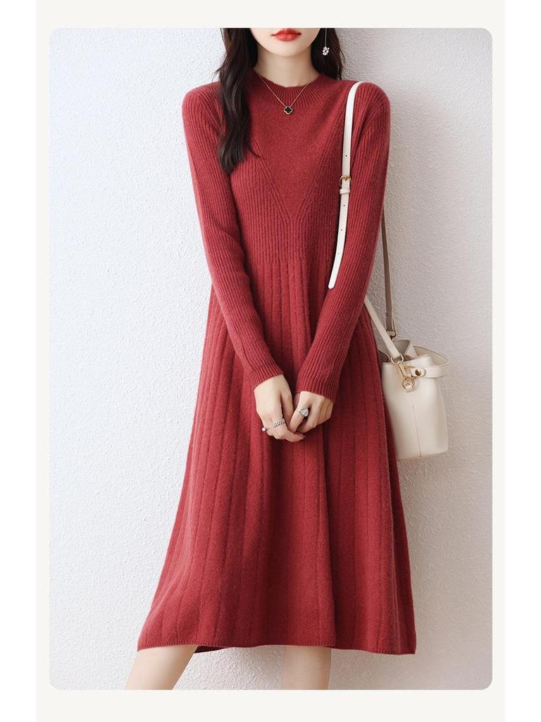 Women's Wool Round Neck Long Sweater Dress - Autumn/Winter Slim Knit Versatile Outerwear