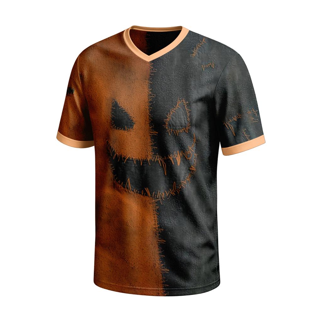 Men's Short Sleeve V-Neck T-Shirt with Halloween Print for Casual Daily Wear